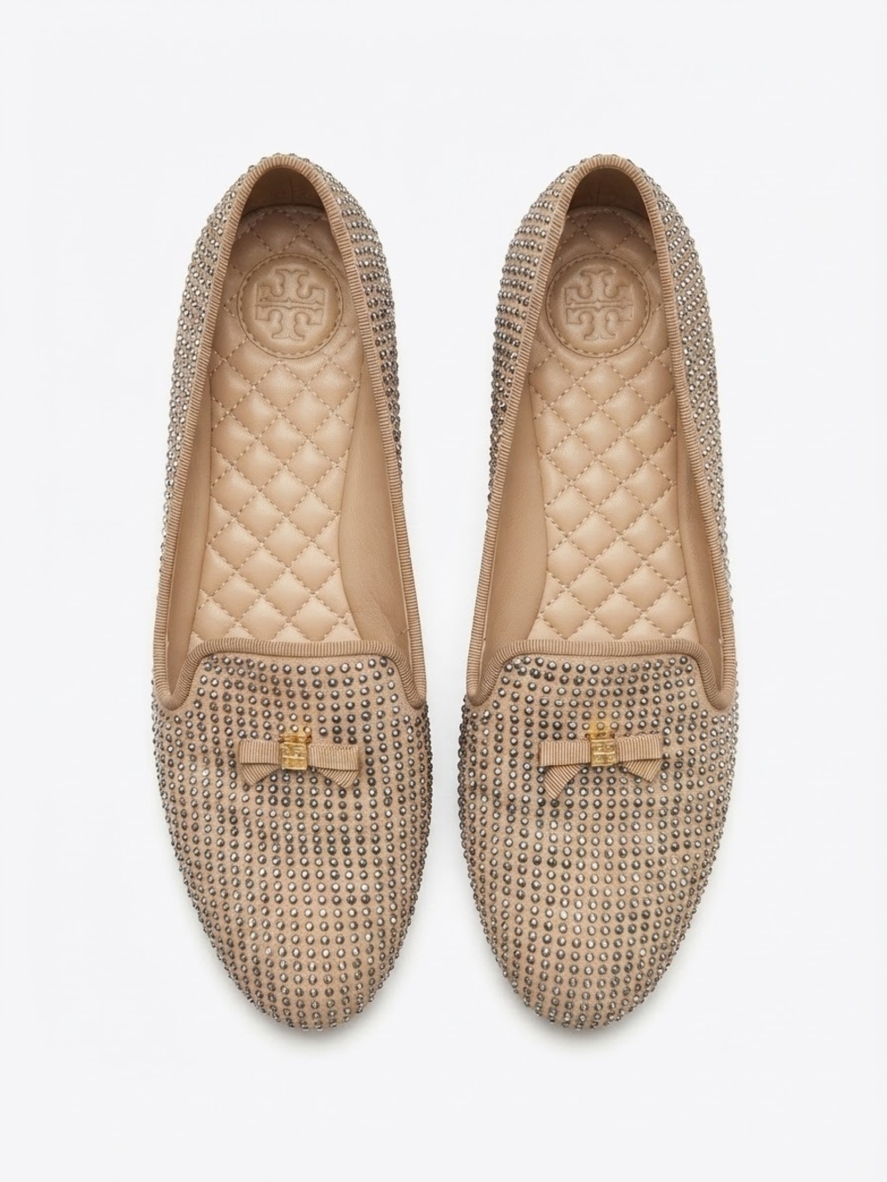 Tory Burch Beige Studded Bow Quilted Loafers